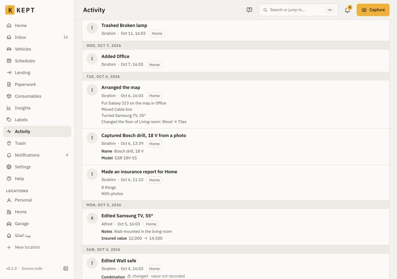 Activity in Home: Arranged the map with four changes listed under it, a capture showing the name and model it got, and an insurance report with 8 things and photos