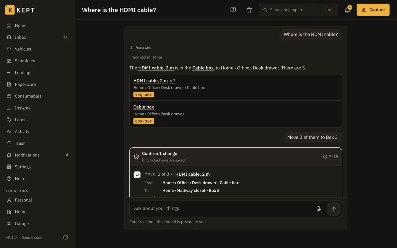 The assistant answering where the HDMI cable is, citing the cable and its box, with a move to confirm