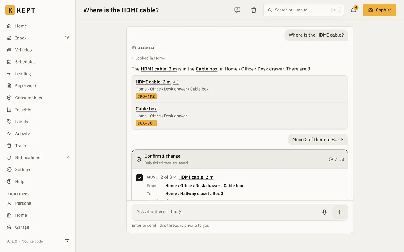 The assistant answering where the HDMI cable is, citing the cable and its box, with a move to confirm