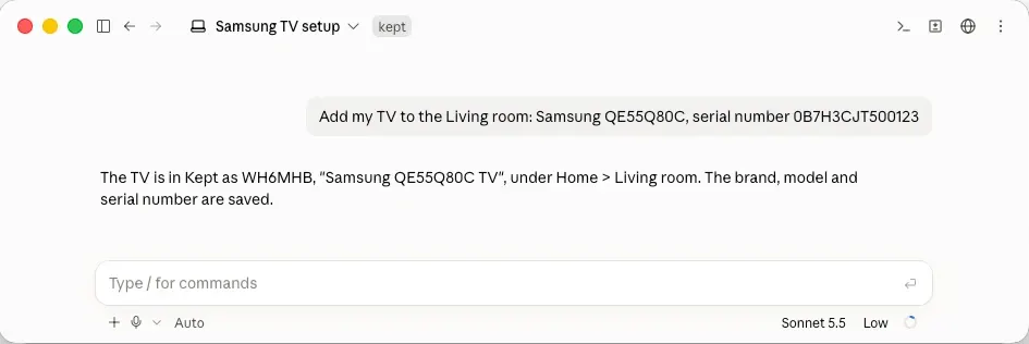 Claude Code: "Add my TV to the Living room: Samsung QE55Q80C, serial number 0B7H3CJT500123", and its reply that the TV is in Kept under Home › Living room