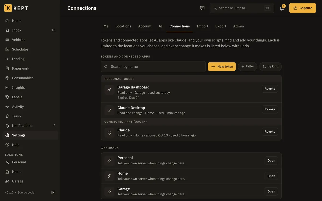 Connections settings: two personal tokens, one connected app and the webhooks