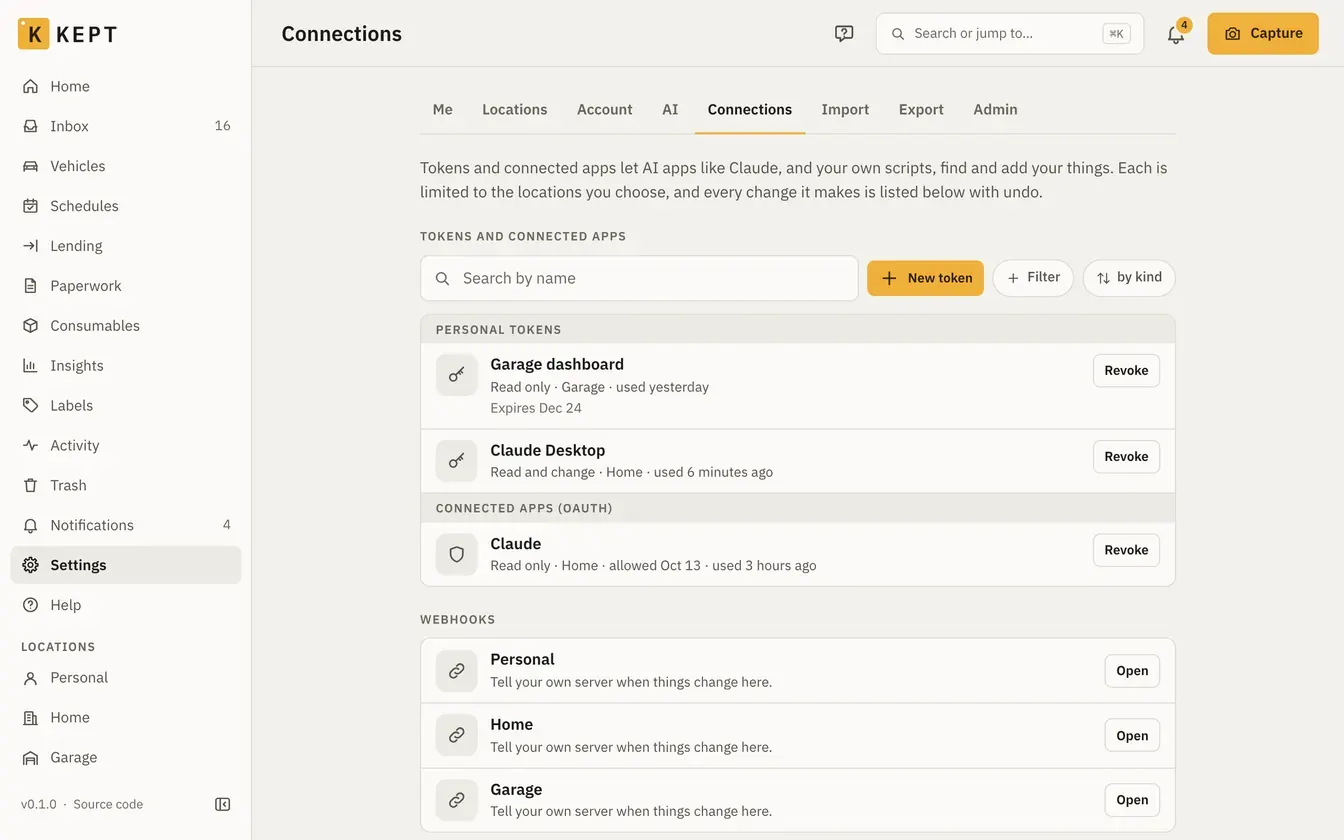 Connections settings: two personal tokens, one connected app and the webhooks