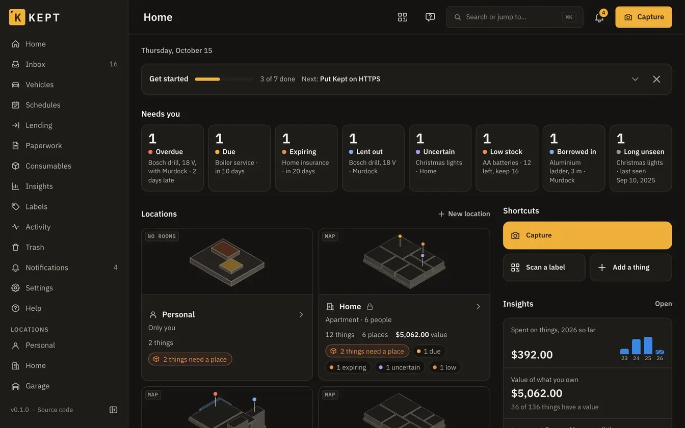 Kept's Home on a desktop: Get started, the Needs you tiles, the locations with their map previews, shortcuts and Insights