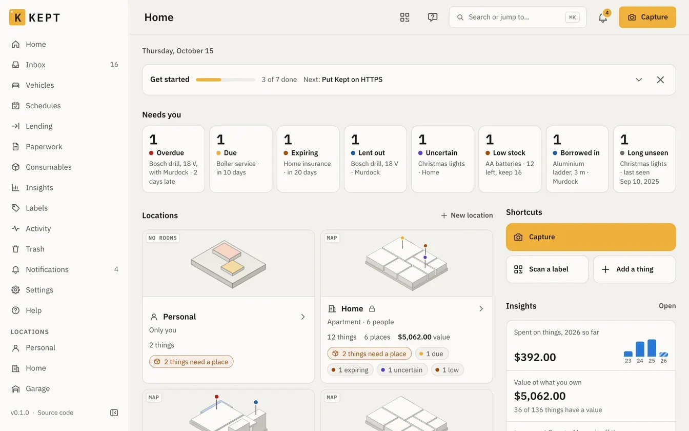 Kept's Home on a desktop: Get started, the Needs you tiles, the locations with their map previews, shortcuts and Insights