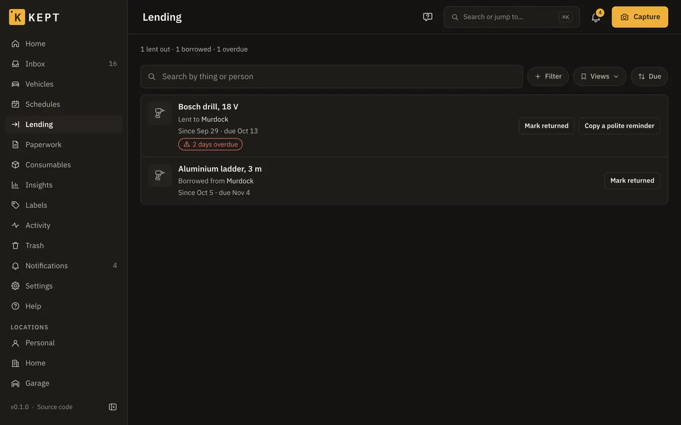 Lending: a drill lent out and two days overdue, and a borrowed ladder
