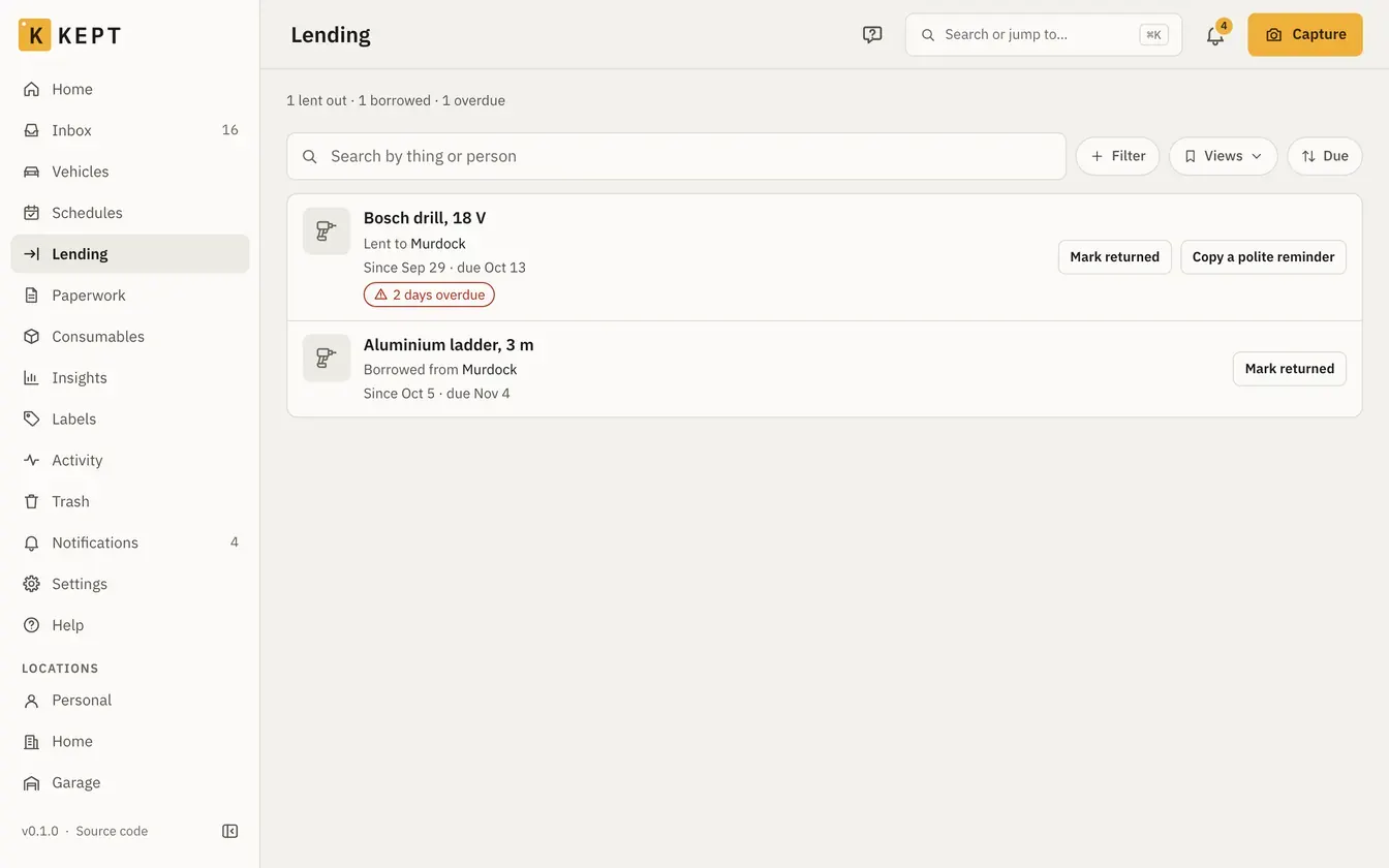 Lending: a drill lent out and two days overdue, and a borrowed ladder