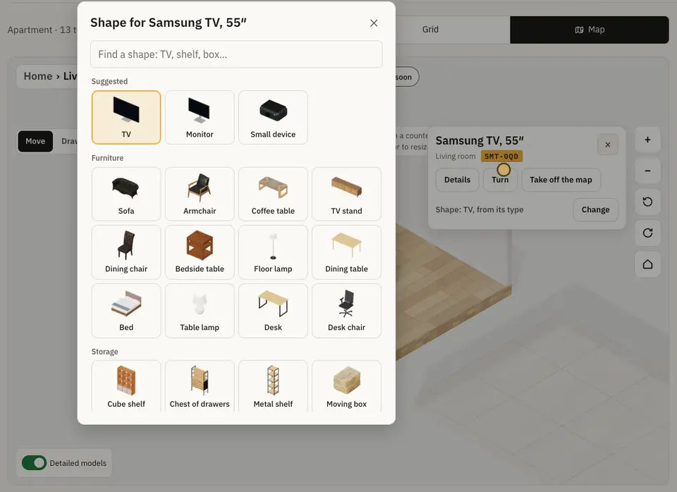 Putting a TV on the map in the sample household: Arrange, the living room, Put on the map, the Samsung TV, its card saying Shape: TV, from its type, the shape picker with Suggested first and a search for TV, then a drag towards the wall and Done.