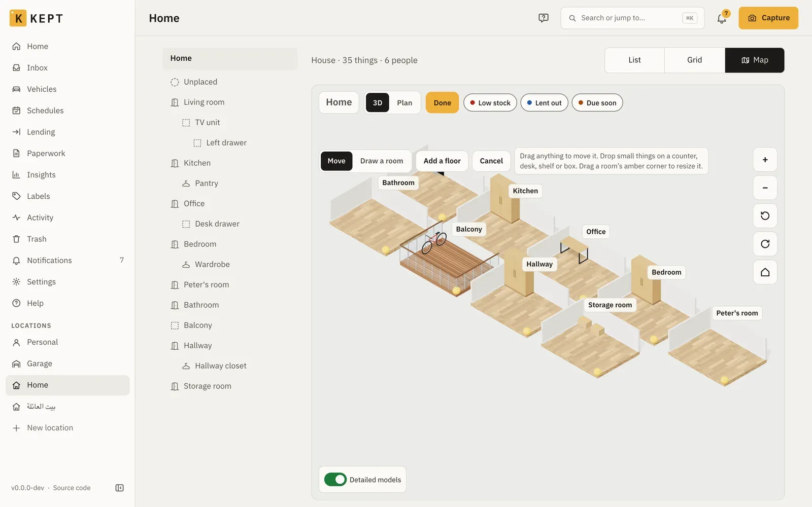 Arranging: Move, Draw a room, Add a floor and Cancel above the map, each room’s amber corner for resizing, and Done in the top bar
