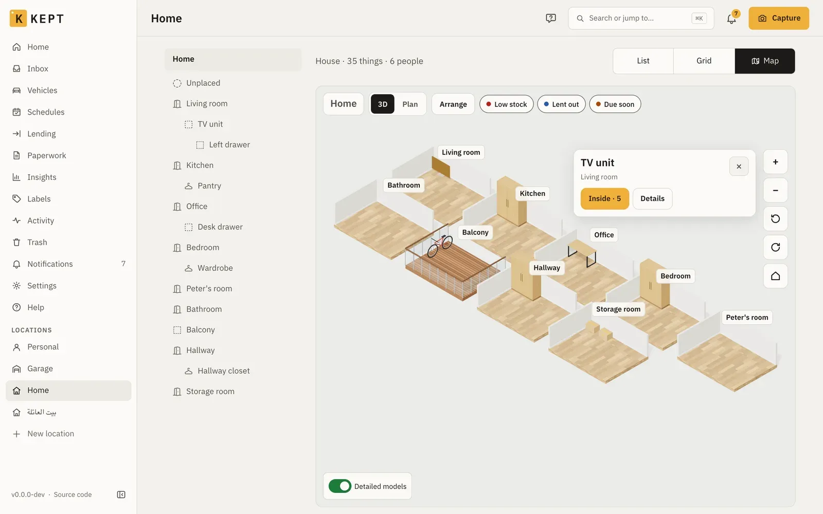 A home on its map: rooms with their floors and walls, a TV unit selected with its card showing Inside · 5 and Details, the List · Grid · Map switch at the top