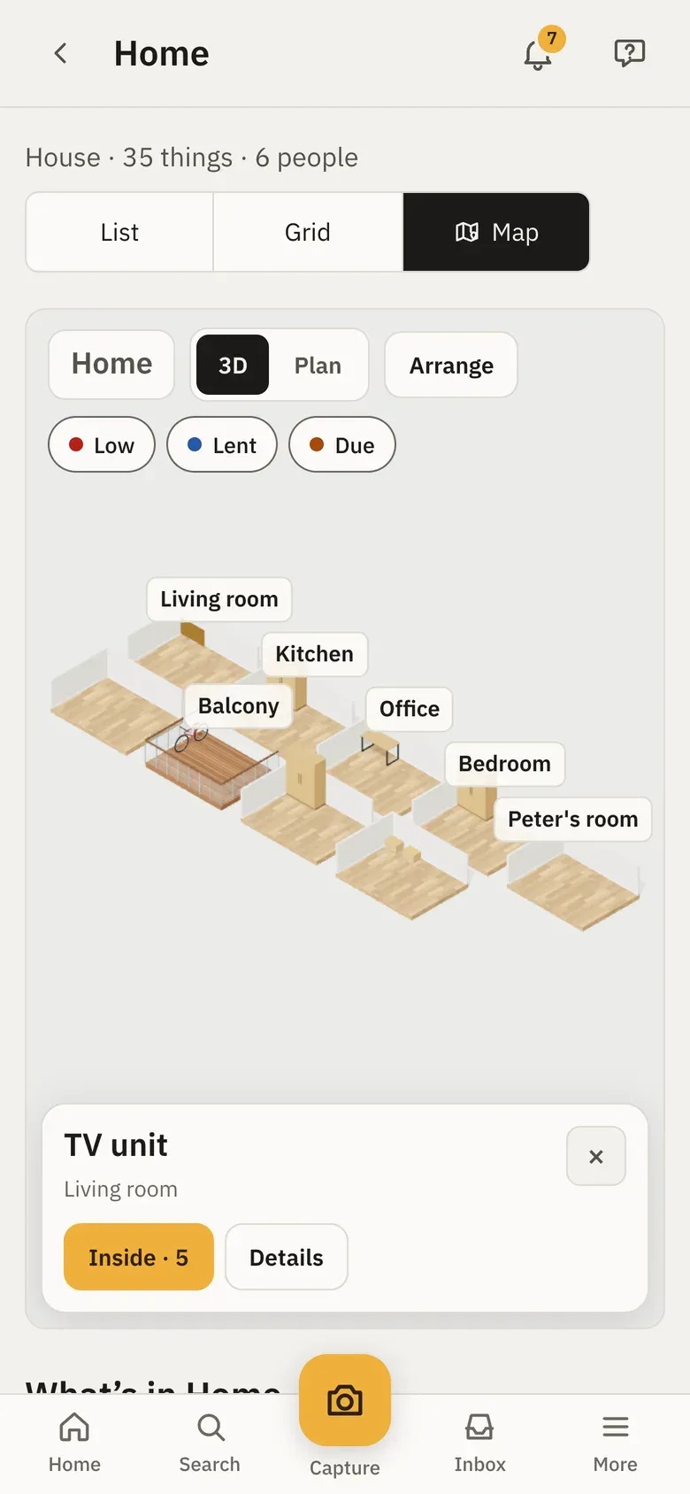 The map on a phone: the List · Grid · Map switch, the 3D and Plan buttons, and a selected thing’s card at the bottom