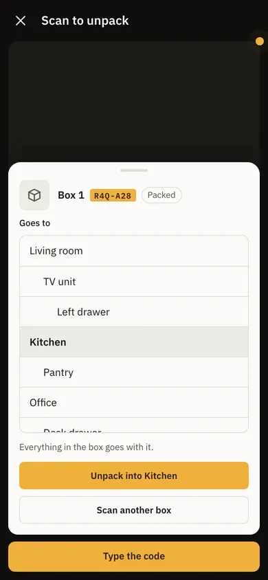 Scan to unpack on a phone: Box 1, going to the Kitchen, with Unpack into Kitchen