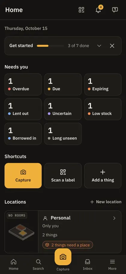 Kept's Home on a phone: the Needs you tiles and the shortcuts, above the tab bar