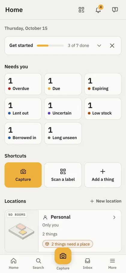 Kept's Home on a phone: the Needs you tiles and the shortcuts, above the tab bar
