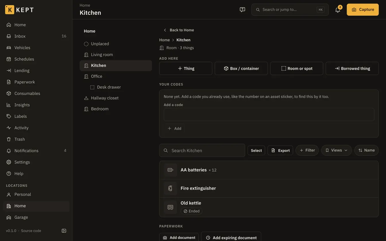 The Kitchen in Kept: AA batteries, a fire extinguisher and an old kettle marked ended