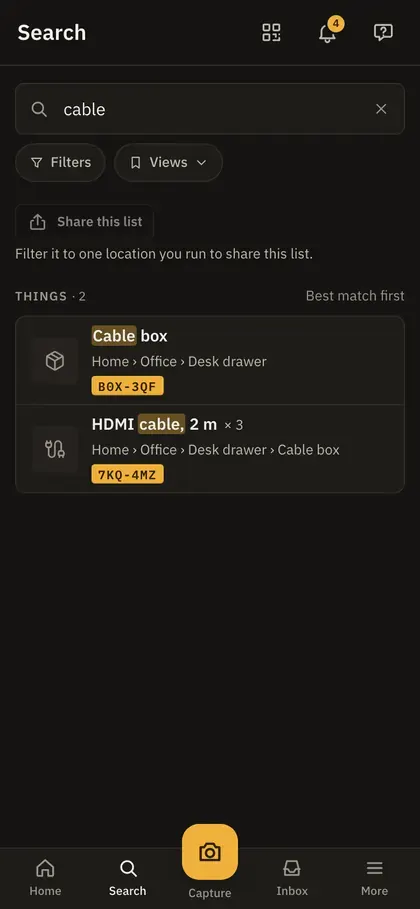 Searching for cable on a phone: the cable box and the HDMI cable, each with its path and label