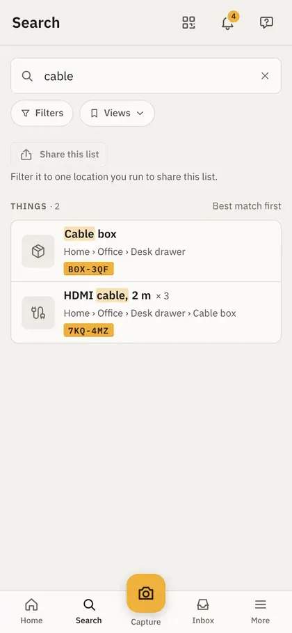 Searching for cable on a phone: the cable box and the HDMI cable, each with its path and label