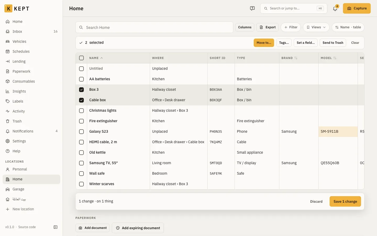 A location as a table: name, where, short ID, type, brand and model columns; two rows selected with Move to, Tags, Set a field and Send to Trash above them; a changed model cell highlighted and “Save 1 change” at the bottom