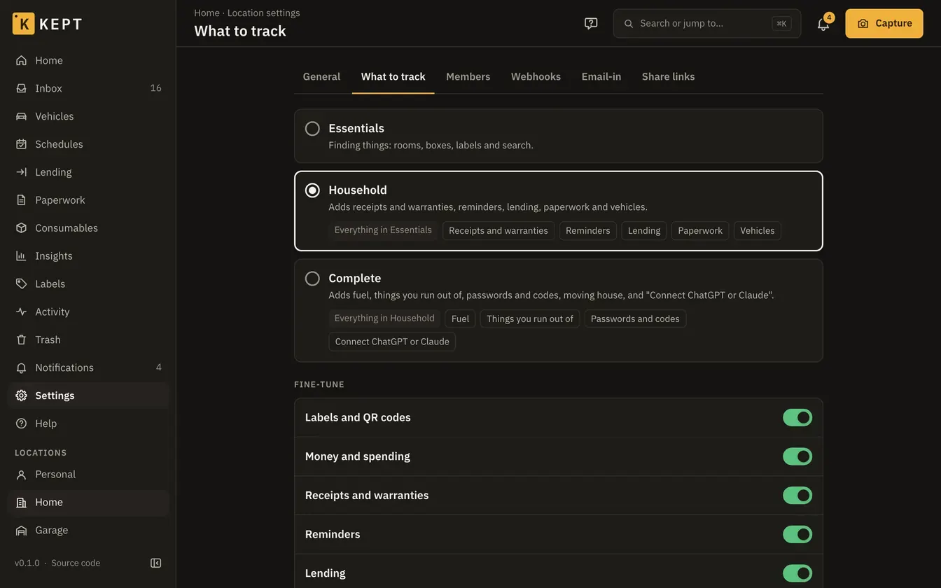 A location's What to track settings: the household preset chosen, with its modules switched on