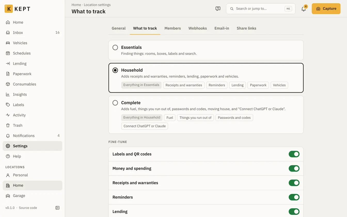 A location's What to track settings: the household preset chosen, with its modules switched on