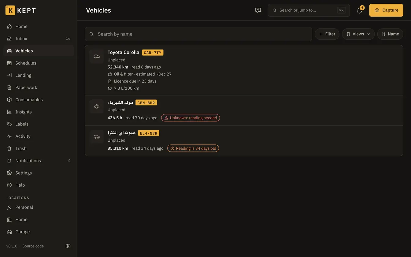 Vehicles: a car, a generator and a second car, with meter readings and what is due